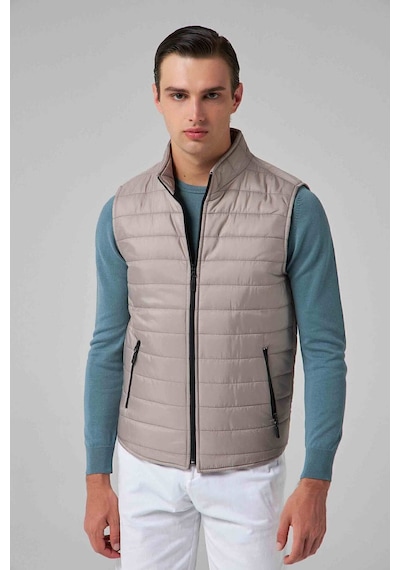 D's Damat Ds Damat Regular Fit Gri Dik Yaka Elyaf Dolgulu Mevsimlik Fermuarlı Yelek Mont 7HF07ORT42611