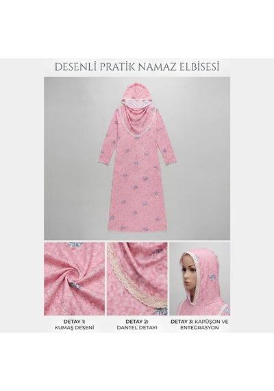 Pembe Dantel Detaylı Kapüşonlu Ve Eşarplı Namaz Elbisesi S