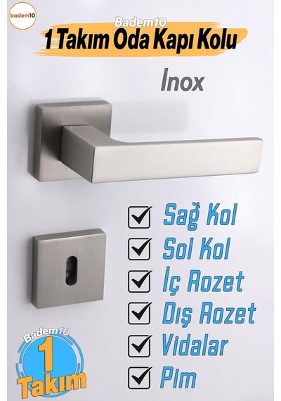 Paytak İnox Oda Kapı Kolu Kare Rozetli Sağa Sola Uygun İç Dış Ev Oda Kapısı Kilitlenebilir 1 Takım Genel