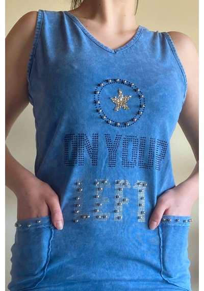 Mia Butik Kadın İtalyan Yıkamalı Kolsuz Mavi Elbise-678 Mavi