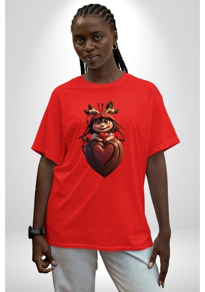 Çikolata Kız Kalbi Pamuklu Bisiklet Yaka Unisex Oversize Boyfriend Dijital Baskılı Kırmızı T-shirt Kırmızı