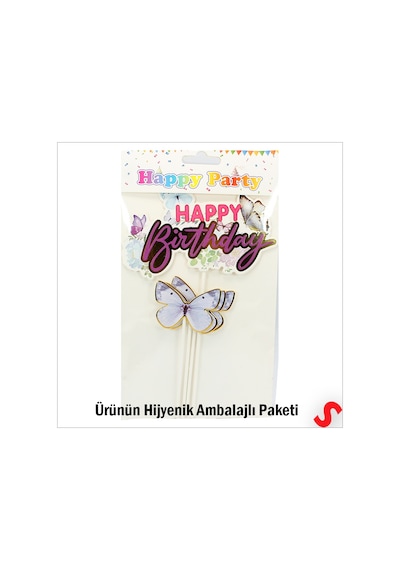 Kelebekli Happy Birthday Pasta Süsü 4 Lü Set - Mor