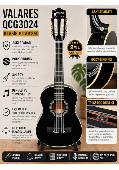 Valares Qcg3024 36 3/4 Klasik Gitar Çocuklar İçin İdeal Yumuşak Tını Kolay Çalım Çanta Ve Pena Hediye Siyah