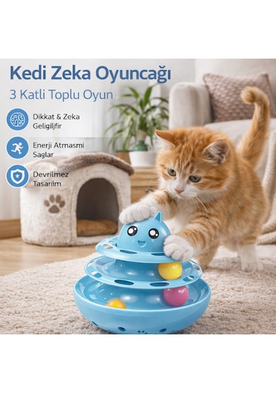 Hacıyatmaz Kedi Oyuncağı 3 Katlı Toplu Zeka Oyuncağı 20x21 Cm - Devrilmez Interaktif Oyuncağı