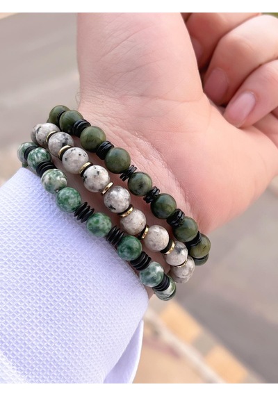 Nursaat 3 Lü Özel Tasarım Unisex Doğal Taş Bileklik Onix-dumanlı Kuvars-moldavit09 Renkli