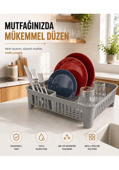 Sas Haus Bulaşıklık Tezgah Üstü Tabak Bardak Kurutmalık Plastik Bulaşık Sepeti 33x41 Cm Gri S-10567