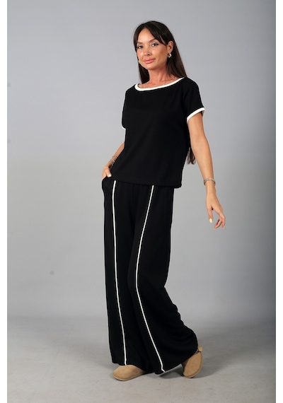 By Saygı Kadın Geniş Yaka Bluz Beli Lastikli Cepli Bol Paça Pantolon Biyeli Modal 2'li Takım Siyah By Saygı Kadın Geniş Yaka Bluz Beli Lastikli Cepli Bol Paça Pantolon Biyeli Modal 2'li Takım Siyah