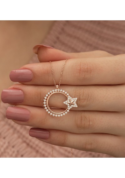 925 Ayar Zirkon Taşlı Ayyıldız Kadın Gümüş Kolye Rose Gold