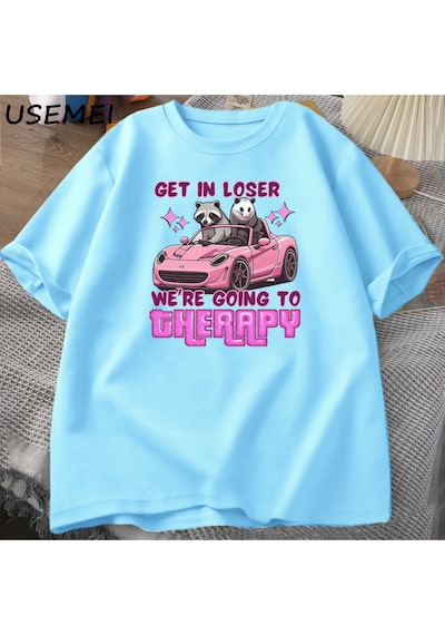 Flood Of Style Kaybeden Olsun Biz Gidiyor Terapi Rakun Komik T Shirt Trendy Y2k Zihinsel Sağlık T Shirt Erke Mavi