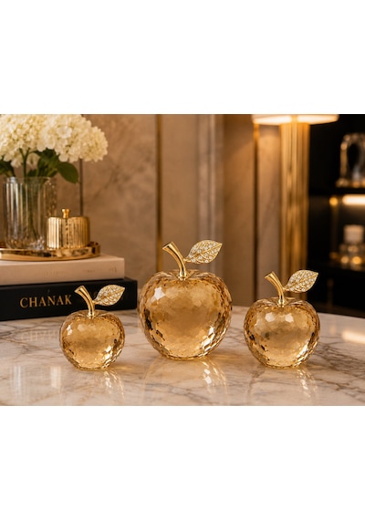 Chacha Home 3'lü Kesme Kristal Cam Elma Obje Seti Taşlı Yaprak Detaylı Lüks Salon Masası Konsol Aksesuarı Amber