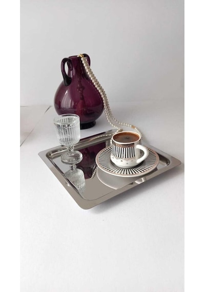 Abant 6'lı Lüx Kare Paslanmaz Çelik Gümüş Renk 21x21cm Kahve Servis Sunum Tepsisi&tabağı