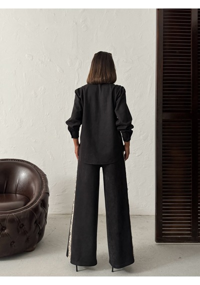 Verymoda Şerit Detaylı Scuba Süet Pantolon F1972 Siyah
