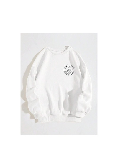 Tarzsokak Dağ Ve Güneş Desenli Damla Omuz Sweatshirt Beyaz