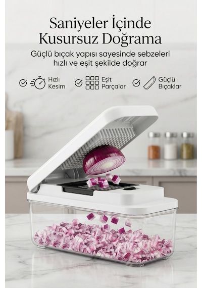 Çok Fonksiyonlu 7 Bıçaklı Doğrayıcı Set Sebze & Meyve Dilimleme, Rendeleme Ve Küp Doğrama Aparatı Beyaz