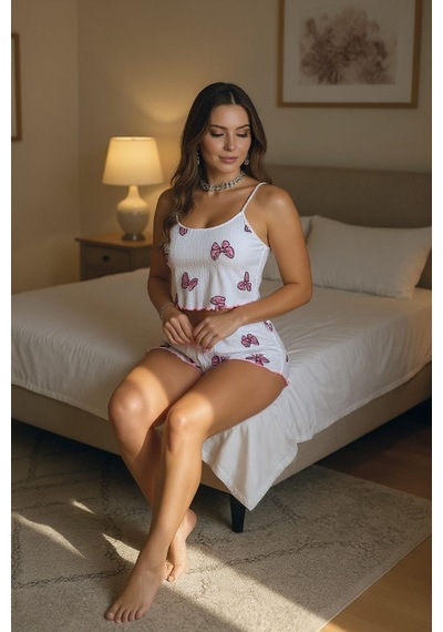 Burcumay Kadın Fiyonk Desenli Kolsuz Mini Beyaz Şortlu Askılı Yazlık Pijama Beyaz