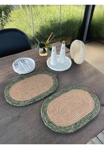 Bohem Tarz 2 Li Doğal İp Amerikan Servis Hasır Görünümlü, Leke Tutmaz, Naturel-yeşil 40x28 Cm Naturel/ Yeşil
