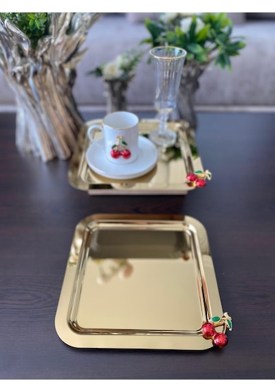 Atabey Home Collection 2 Adet Kahve & Çay & Sunum Tepsisi Gold Tepsi Kiraz Dökümlü