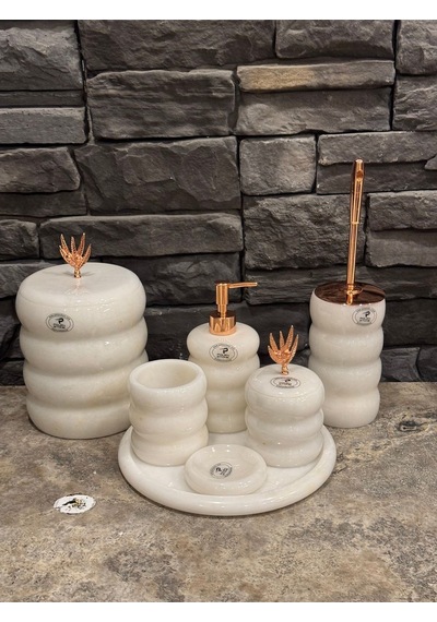Beyazı Mermer Aksesuarlı Bambu Model Oval 7,li Banyo Seti Beyaz