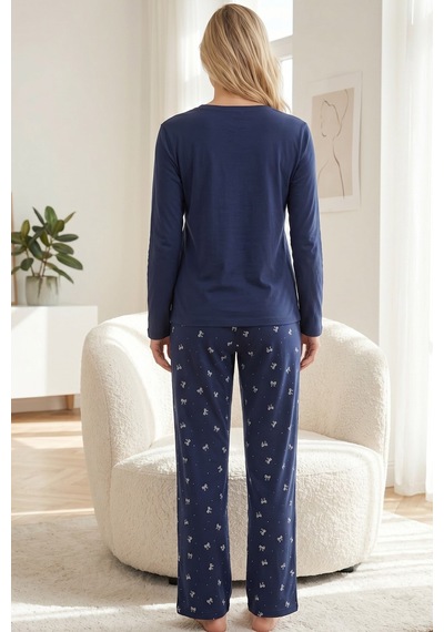 Siyah İnci Pamuklu Likralı Örme Pijama Takım26241164 Lacivert
