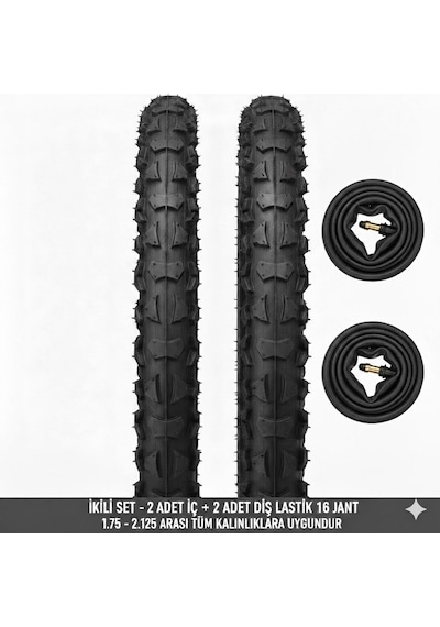 Güçlü Bisikletmotosiklet 16 Jant Lastik Seti - 2 Dış + 2 İç Lastik Oto Kalın Sibop - 16x1.75 / 2.125 Uyumlu