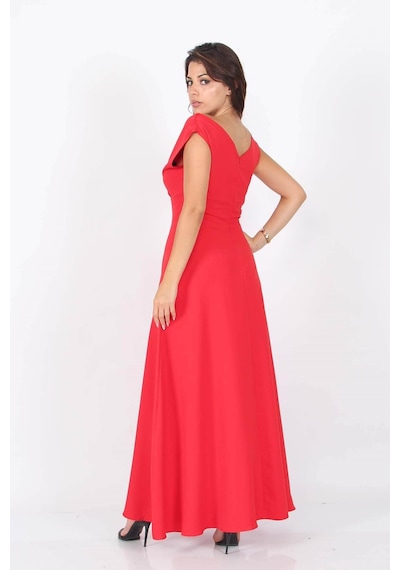 Neşeli Butik Kadın Omuz Detaylı Kayık Yaka Uzun Abiye Elbise Nb8076 Kırmızı