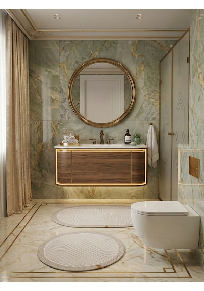Melena Carpet Premium Kaymaz Taban Banyo Paspası Jüt Kenar Detaylı Oval Yuvarlak Set 100x60-60x60 Bej