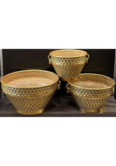 Metal Saksı S/3 Set 23-25-27 Cm Dekoratif Modern Şık 3 Lü Salon Saksı Seti Altın