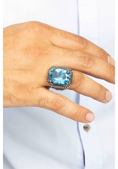 Oval Aqua Taşlı Telkari Desenli Gümüş Erkek Yüzük -8443 Gümüş