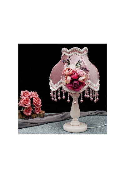 Gülkurusu Kadife Kaplı Fuşya Çiçek Dekorlu Klasik Abajur 50x30 Cm