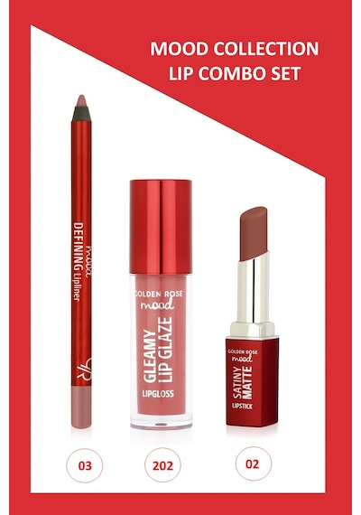 Mood Lip Combo Set - Defining Dudak Kalemi No:03 - Satiny Matte Ruj No:02 - Gleamy Dudak Parlatıcısı No:202 0