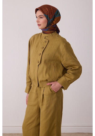 Belli Geometrik Desen %100 Twill İpek Eşarp Be23 Kahverengi-hardal