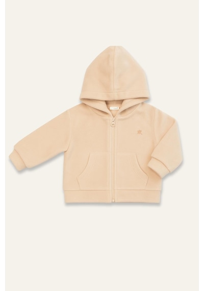 Mininio Unisex Çocuk Kapşonlu Kanguru Cepli Polar Ceket - Bej Bej