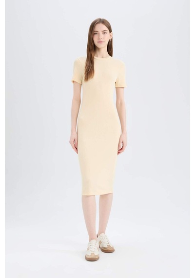 DeFacto Bodycon Vücudu Saran Bisiklet Yaka Fitilli Kaşkorse Kısa Kollu Midi Elbise E6926AX25SPYL251