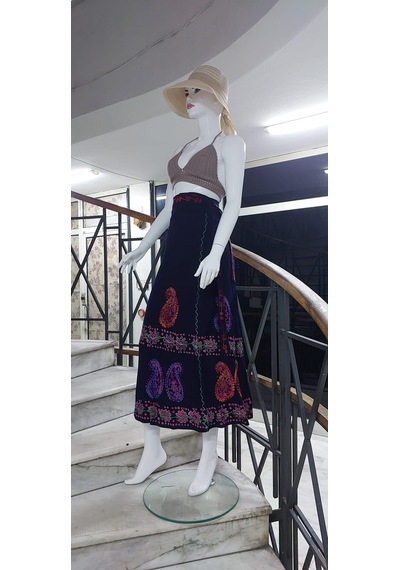 Bohem Stil Hint Batik Çiçek Desenli Ve İşlemeli Uzun Hint Anvelop Etek Lacivert