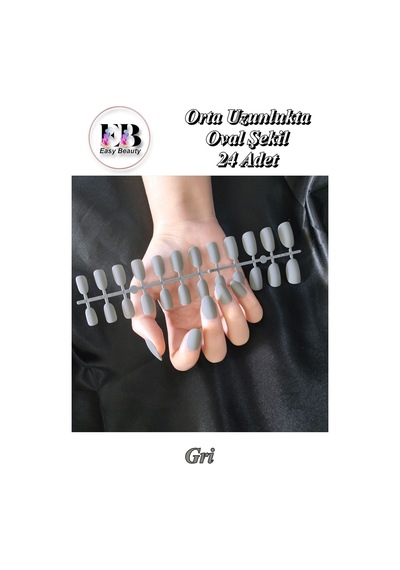 24 Adet Renkli Oval Orta Uzun Takma Tırnak 1124 Gri