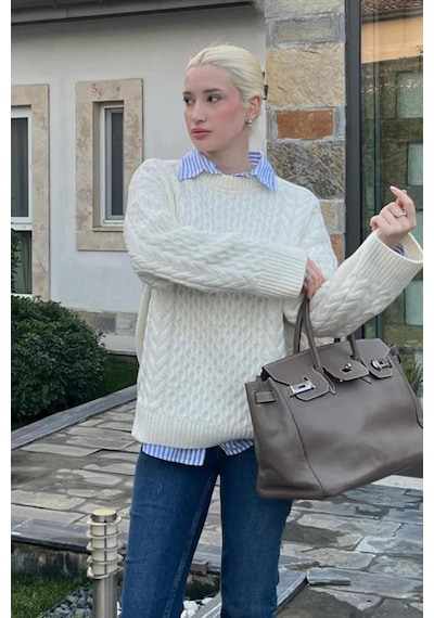 Madmext Ekru Bisiklet Yaka Örme Triko Kazak Mg2262 Ekru