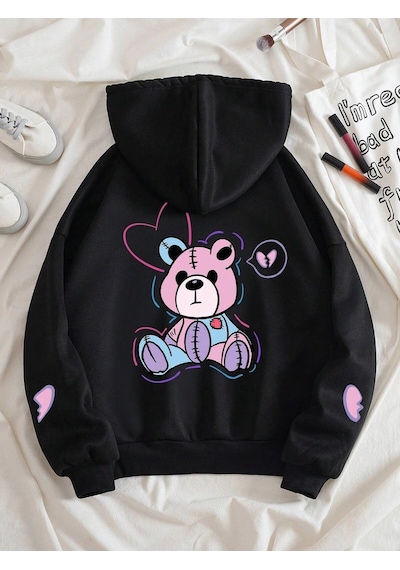 Startmore Bear And Heart Print Zip Up Lined Drawstring Hoodie Siyah Siyah