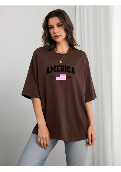 Unisex Amerıca Baskılı Baskılı Tasarım Tshirt Kahverengi