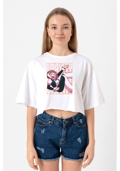 My Hero Academi Uravity Minimal Beyaz Kadın Crop Tshirt Beyaz