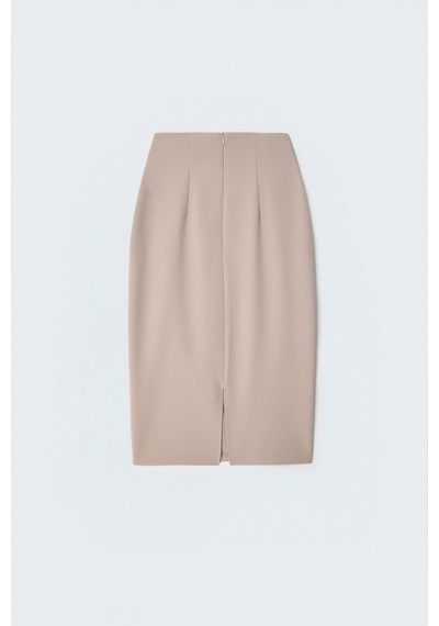 Sateen Düz Kalem Etek - Koyu Bej-137399