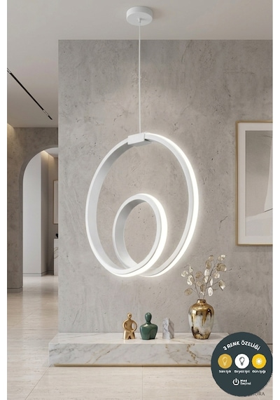 Orjin Beyaz Modern Çember Led Sarkıt Avize 3 Renkli Şık Antre & Hol Aydınlatma