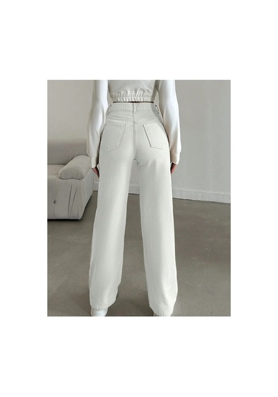 Kene Jeans Yüksek Bel Beyaz Keten Bol Paça Tam Kalıp Pantolon Beyaz
