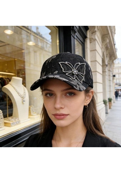 Valkyrie Kadın Siyah Dantel Şapka Taş İşlemeli Çiçek Detaylı Ayarlanabilir Baseball Cap Yazlık Şapka