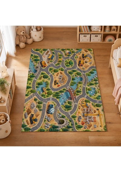 Kartela Halı İnşaat Şehri Çocuk Oyun Halısı Kaymaz Dot Taban Yıkanabilir 180 X 270 Cm