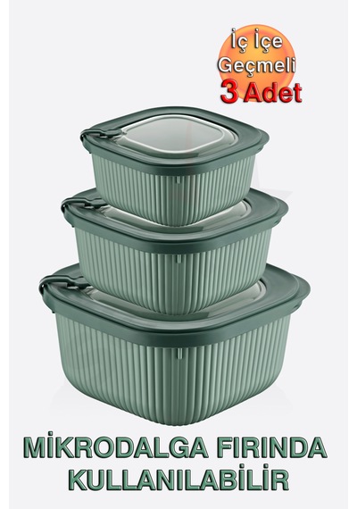Micro Line Kare Saklama Kabı 600, 1100, 1800 Ml Üçlü Set Yeşil