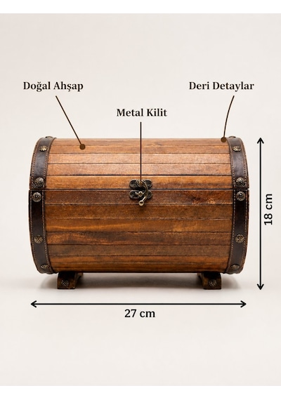 El İşçiliği Doğal Ahşap Metal Kilitli Deri Detaylı Çok Amaçlı Lüks Ahşap Kutu Sandık