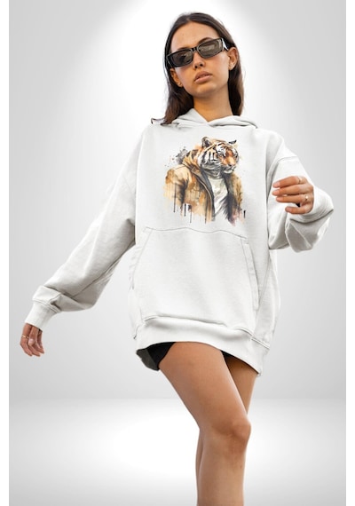 Cool Yakışıklı Kapüşonlu Spor Kaplan Kadın Erkek Beyaz Kapüşonlu Sweatshirt Hoodie Beyaz