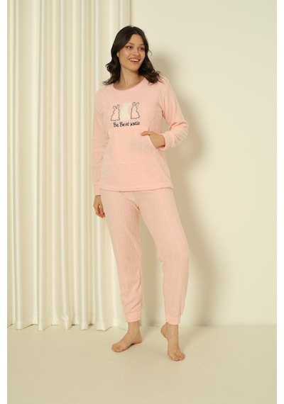 Wordex Fwn 04-3302 Peluş Welsoft Polar Kışlık Yumoş Tavşanlı Kadın Pijama Takımı Soft Pembe