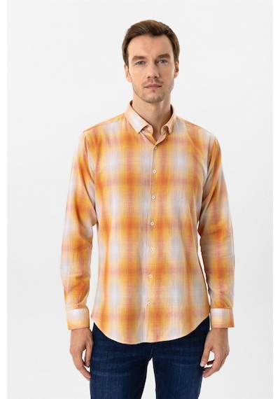Süvari Turuncu Slim Fit Desenli Düğmeli Yaka Gömlek