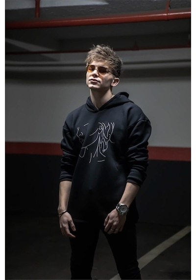 Çizgi Yüz Sweatshirt - Siyah Baskılı Oversize Kapüşonlu Siyah